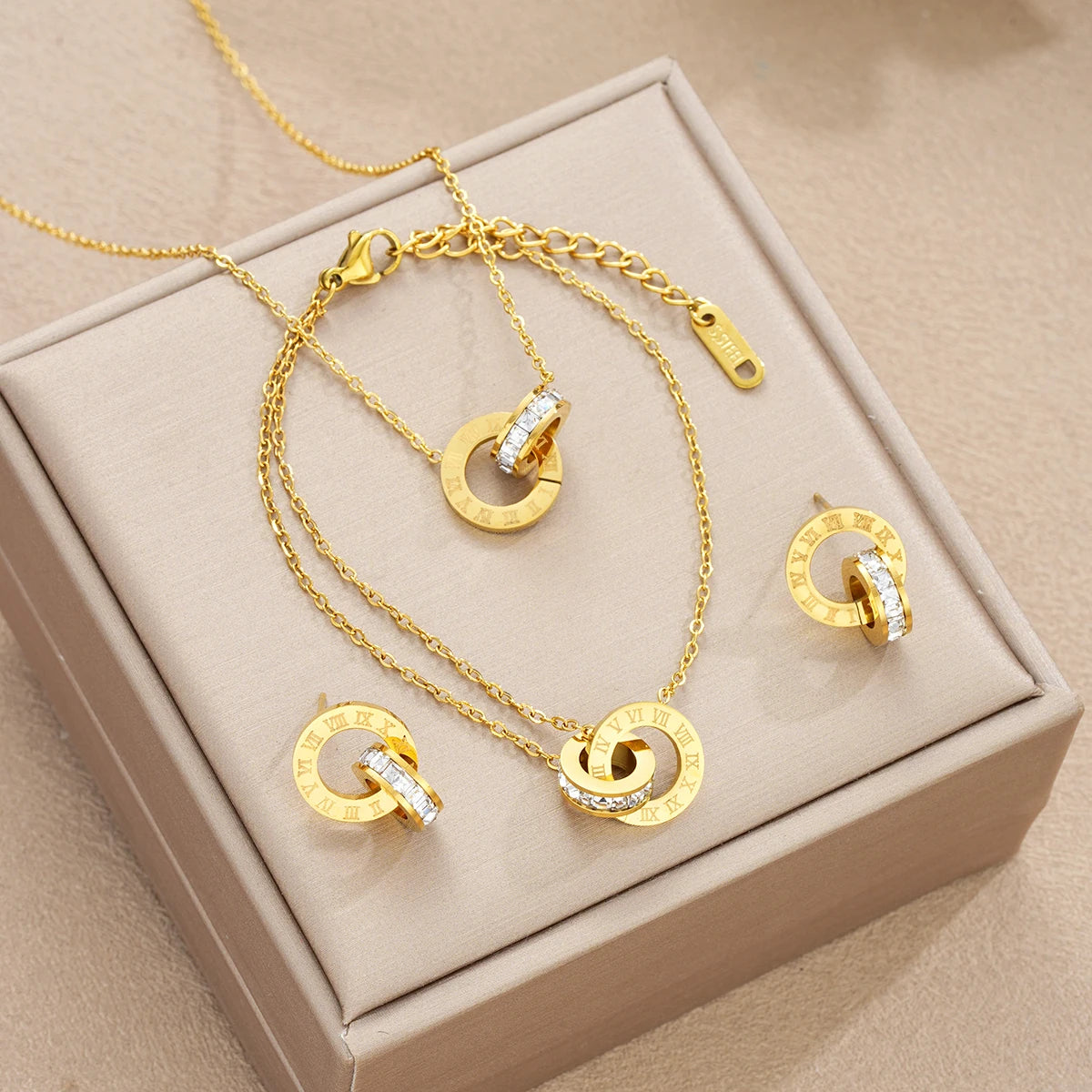 Elegant 4Pcs Jewelry Set Roman Numeral Circle Necklace Bracelet
