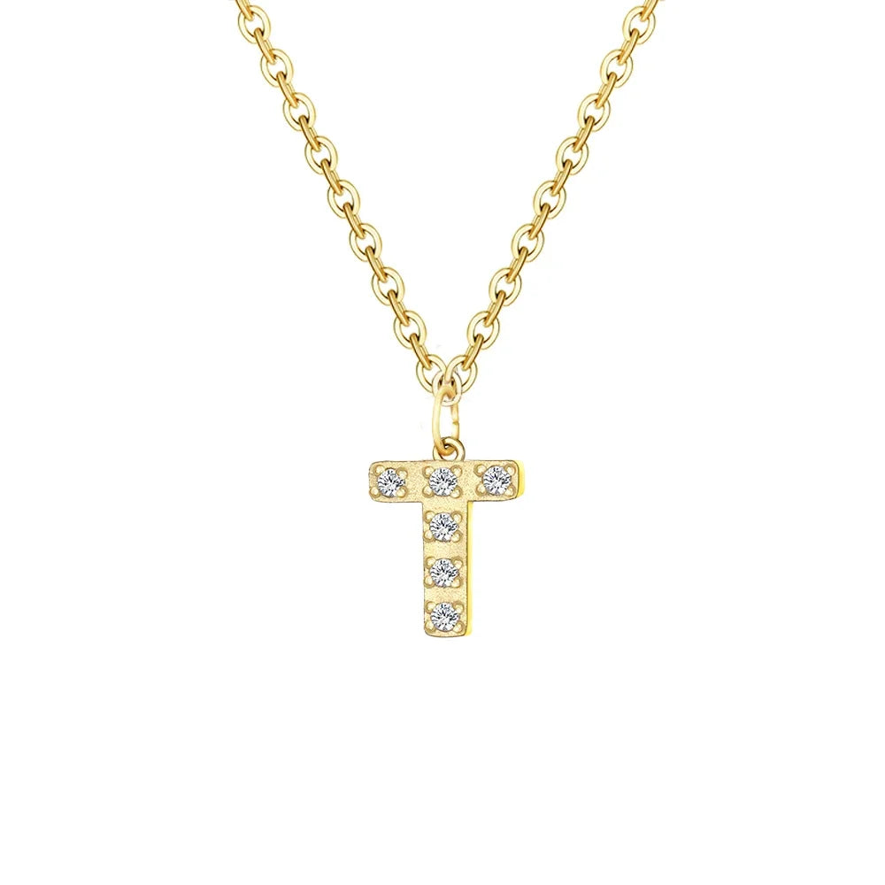 Gold Zircon Initial Necklace A-Z Stainless Steel Letter Pendant Women