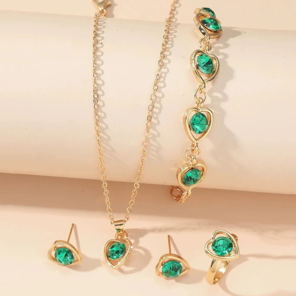 4PCS Heart Crystal Jewelry Set Necklace Bracelet Ring Earrings