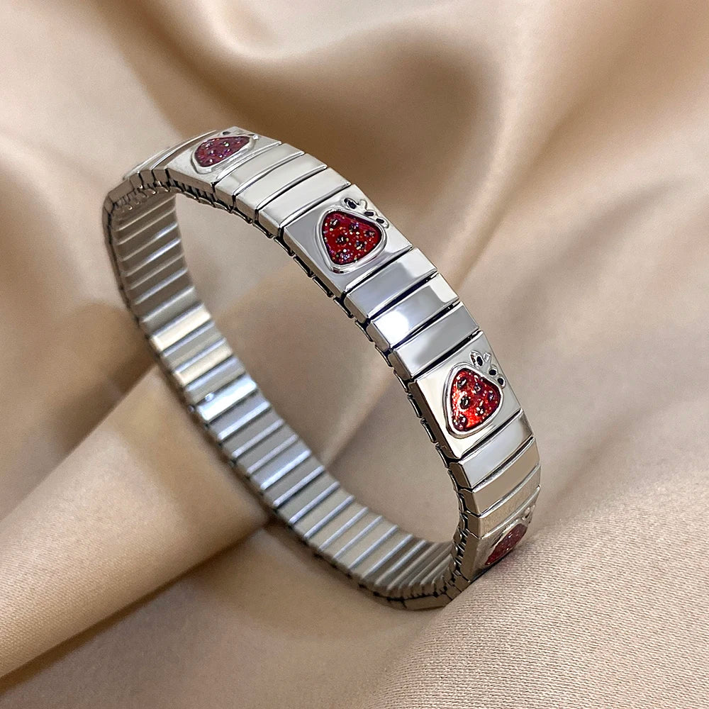 Gold Stainless Steel Strawberry Cherry Elastic Bangle Bracelet Trendy