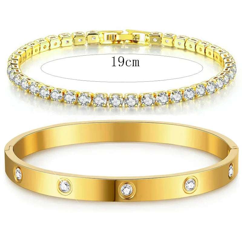 Gold Stainless Steel Tennis Bracelet Matching Bangles Luxury Couple
