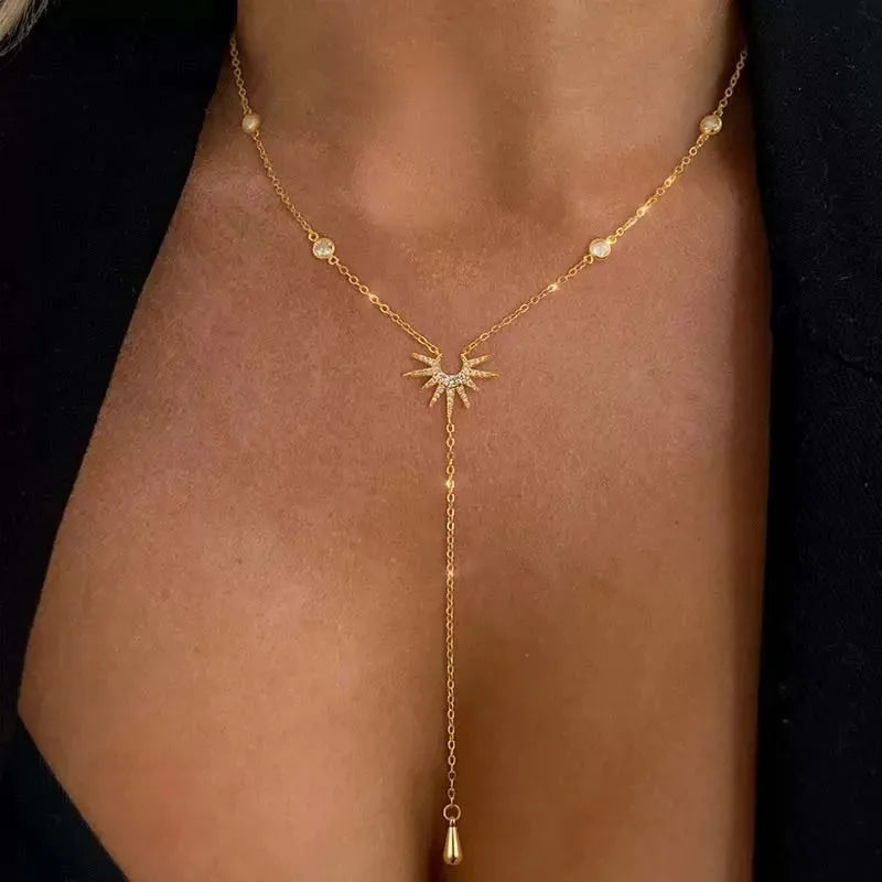 Elegant Y Shape Necklace Cubic Zirconia Tassel Choker Women