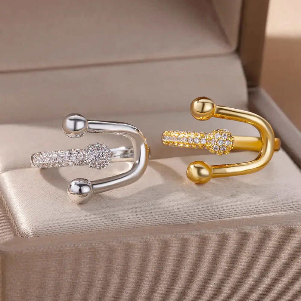 Gold Zircon Double Cross Ring Stainless Steel Luxury Couple Jewelry