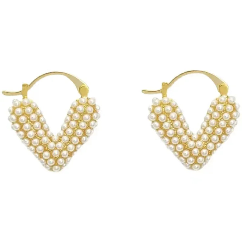 Unique Pearl Heart Hoop Earrings Simple Elegant Style for Women