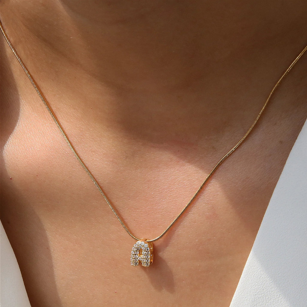 CZ Initial Letter Necklace A-Z Gold Stainless Steel Pendant Women