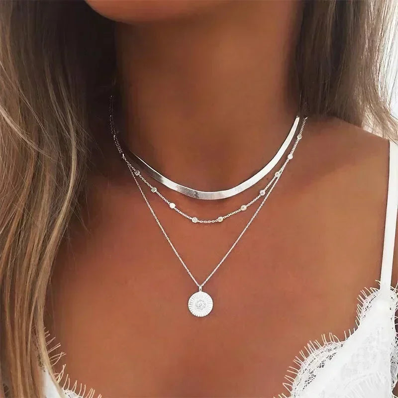925 Sterling Silver Three Layer Necklace Simple Strip Pendant Women