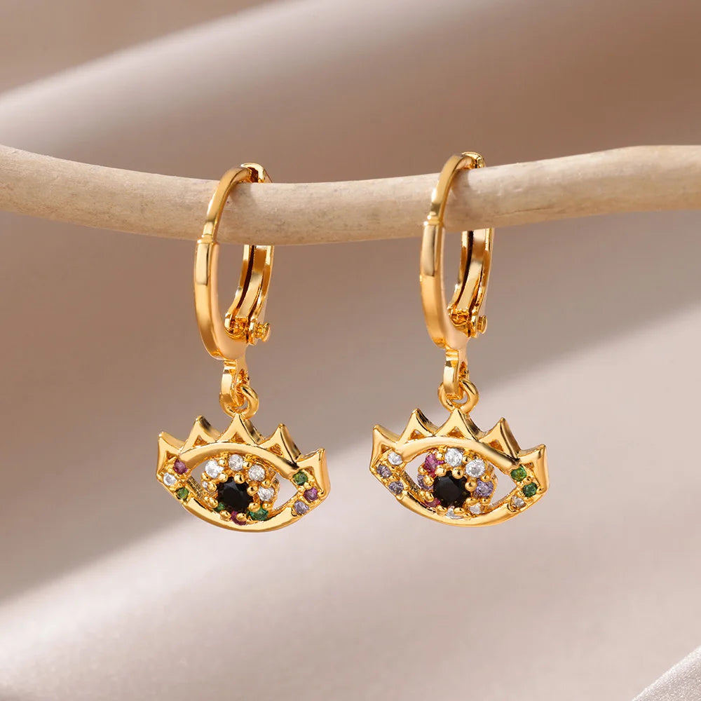 Gold Color Evil Eye Zircon Earrings Stainless Steel Vintage Style