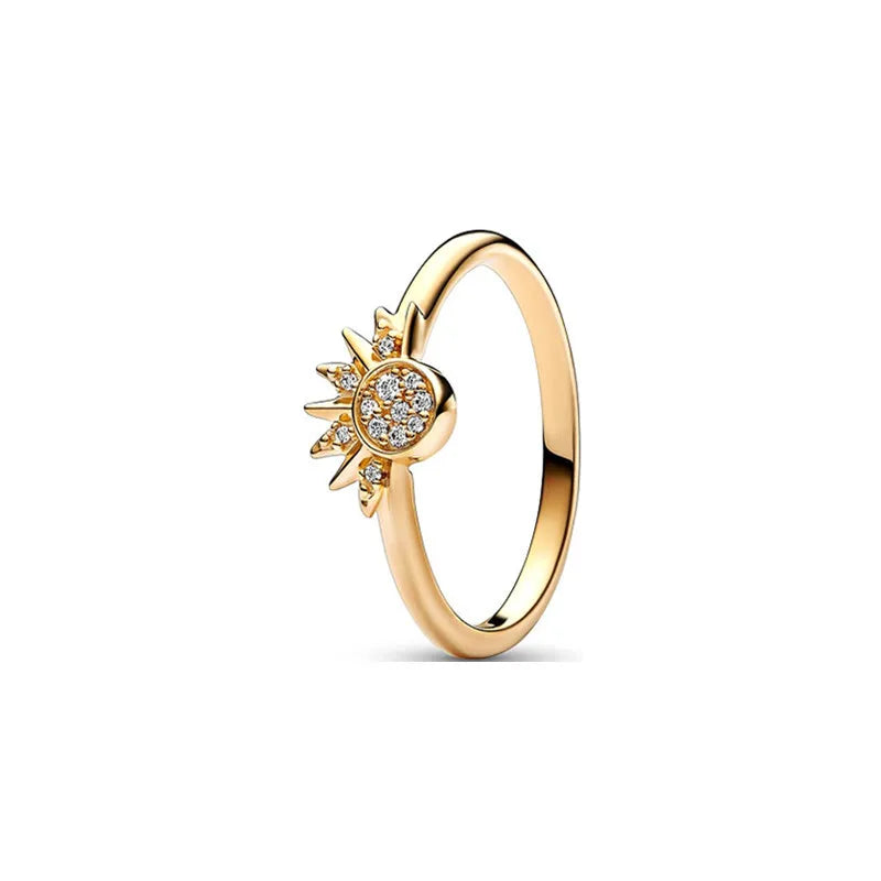 Elegant Gold Ring Sun Heart Bow 925 Silver Women Jewelry