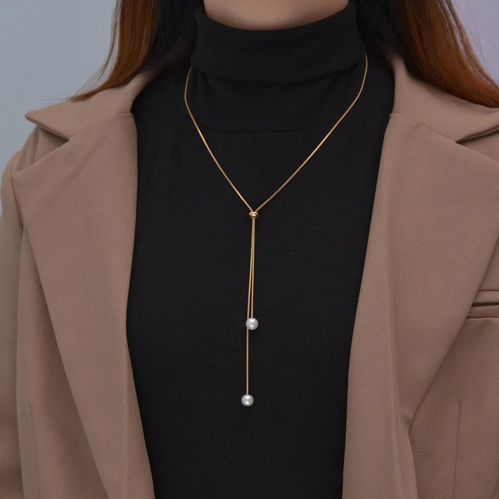 Simple Pearl Tassel Necklace Silver Tone Adjustable Clavicle Chain