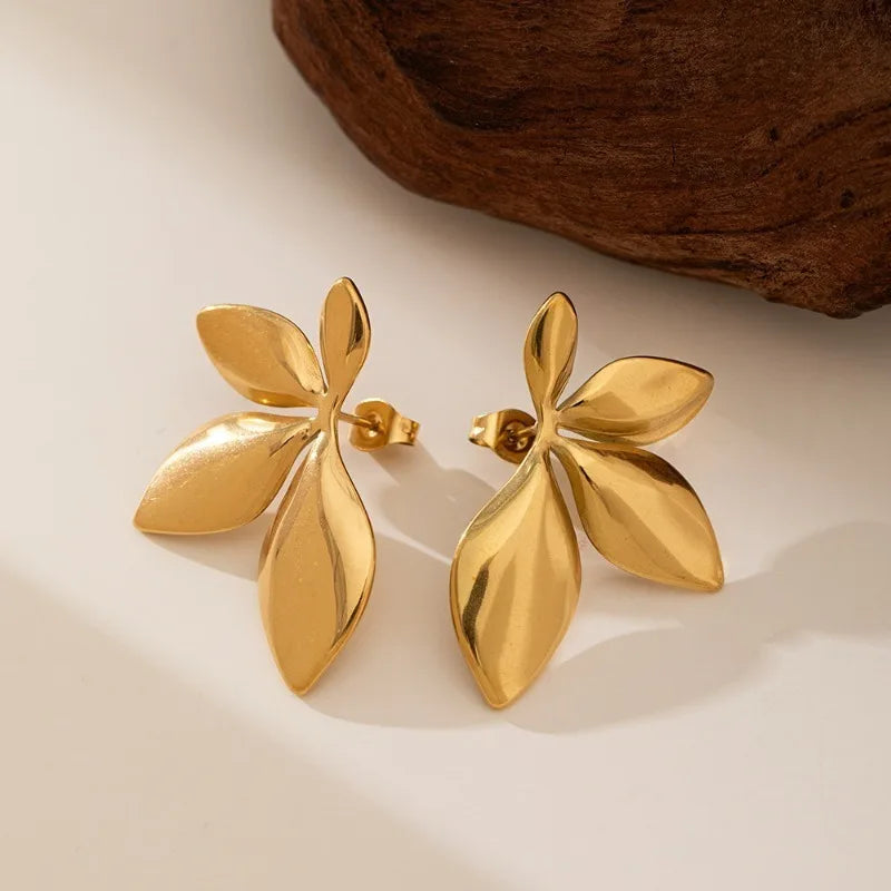 Leaf Shaped Floral Stud Earrings Stainless Steel Elegant Women