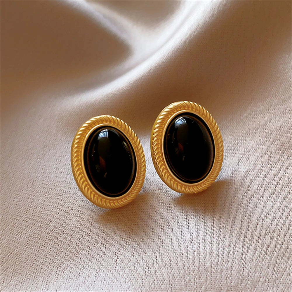 Retro Gold Black Oval Stud Earrings Metal Line Elegant Women Design