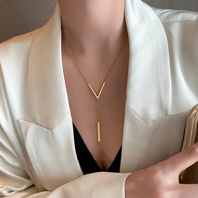 Stylish Long V Necklace Gold Vertical Bar Pendant Women 2024