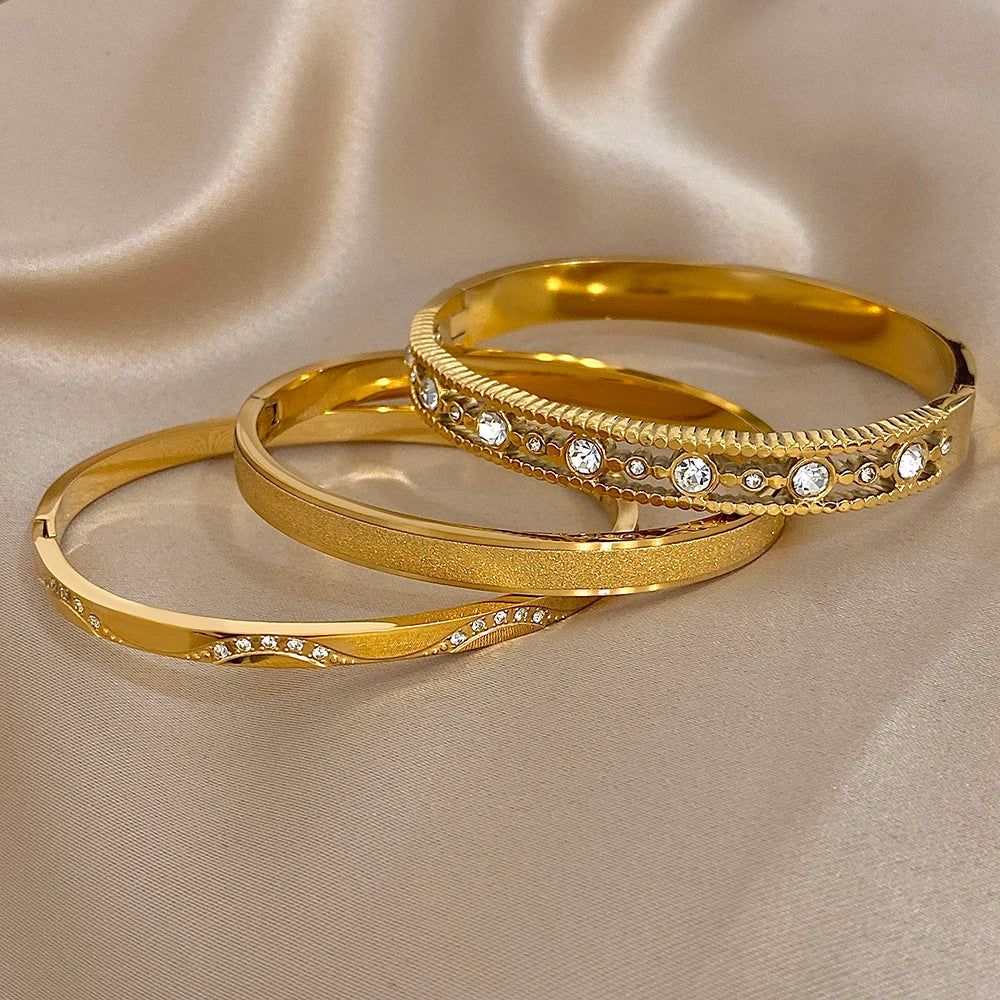 Gold Zircon Geometric Cuff Bracelet Stainless Steel Waterproof Unisex