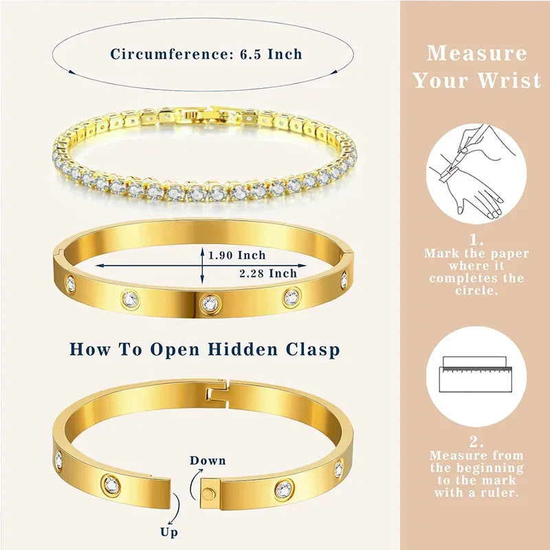 Gold Stainless Steel Tennis Bracelet Matching Bangles Luxury Couple