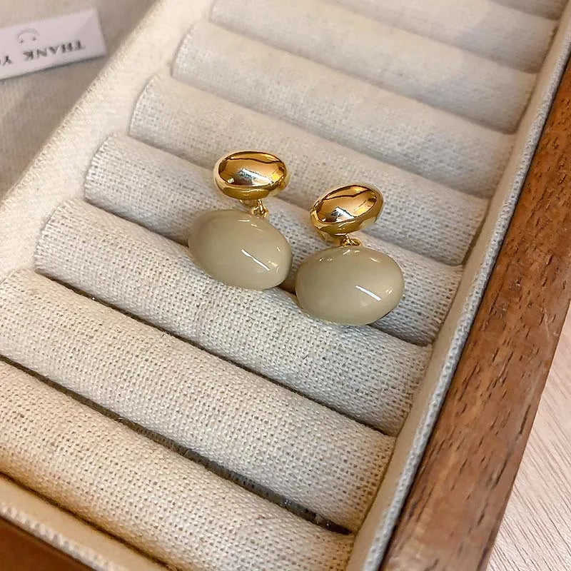 Vintage Enamel Oval Dangle Earrings Coffee Color Two Way Wear