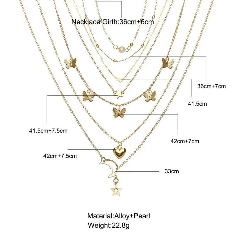Elegant 6 Piece Necklace Set Butterfly Star Moon Trend Jewelry