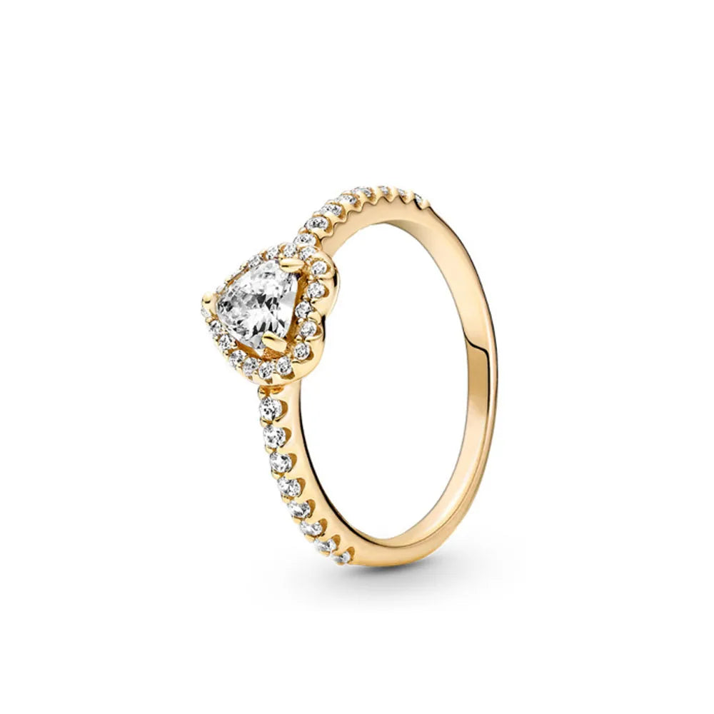Elegant Gold Ring Sun Heart Bow 925 Silver Women Jewelry