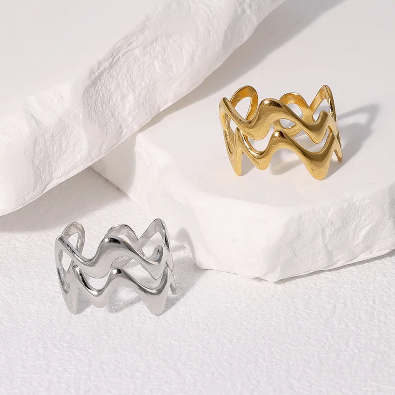Stylish Irregular Wave Ring Adjustable Gold Tone Statement Ring