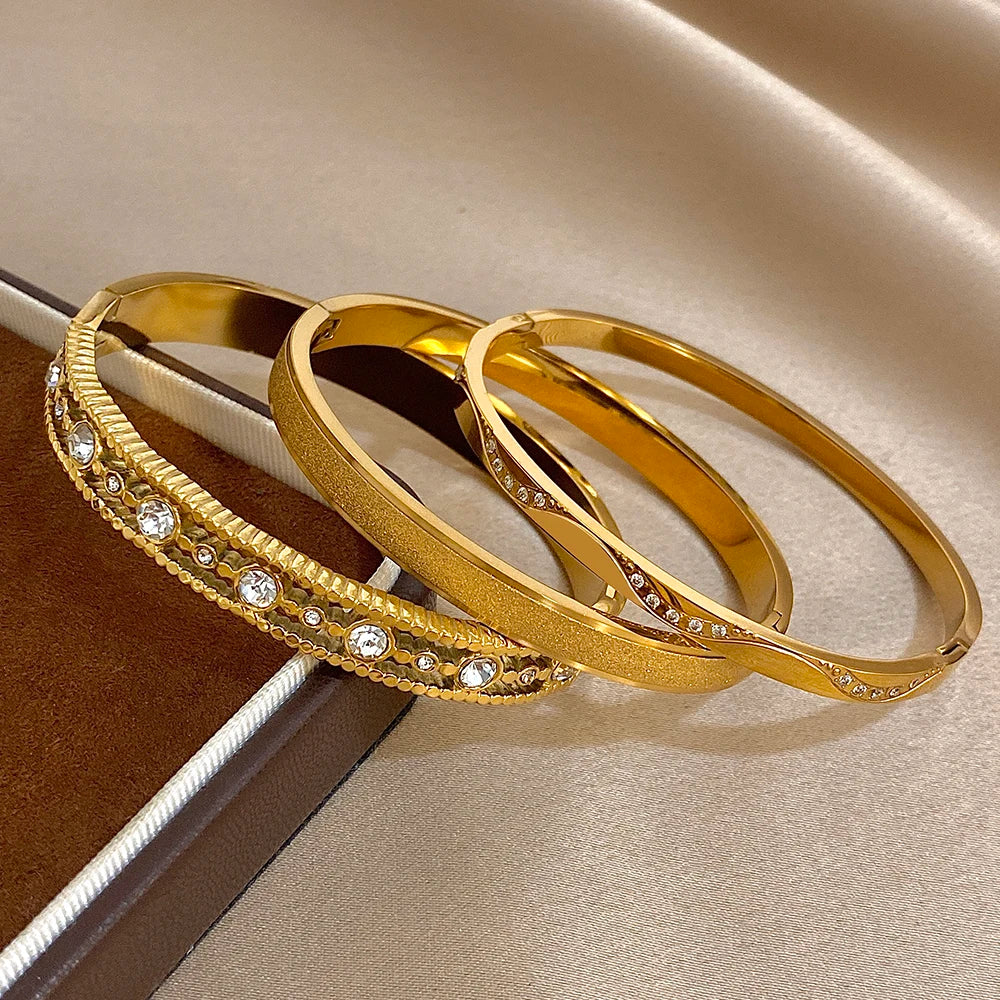 Gold Zircon Geometric Cuff Bracelet Stainless Steel Waterproof Unisex