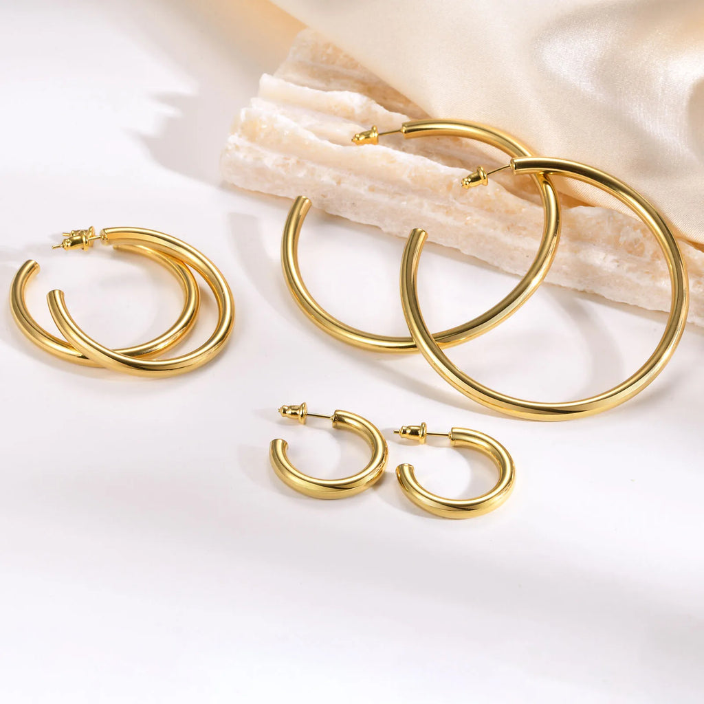 Chunky Gold Hoop Earrings Waterproof Stainless Steel 25-63mm Women