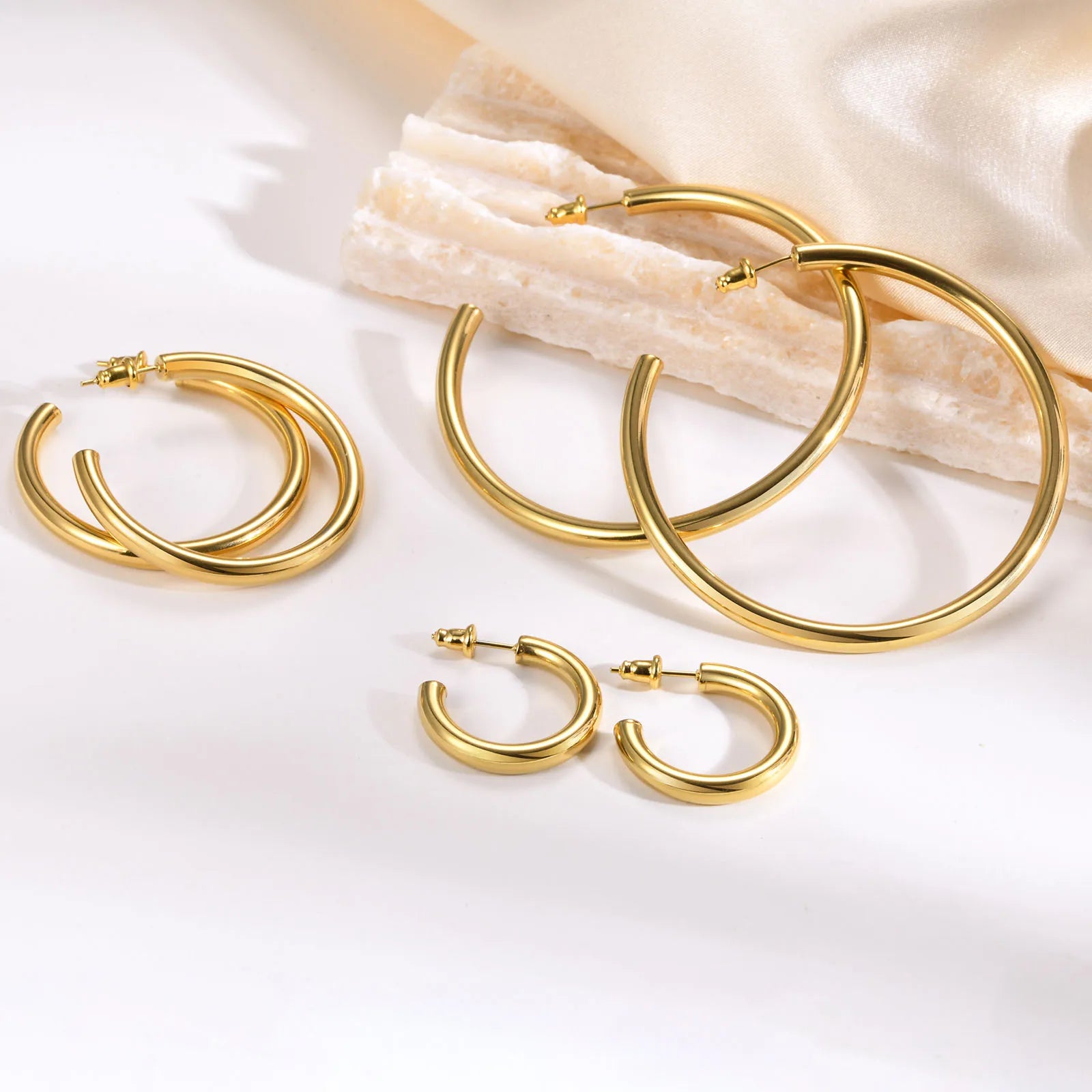 Chunky Gold Hoop Earrings Waterproof Stainless Steel 25-63mm Women