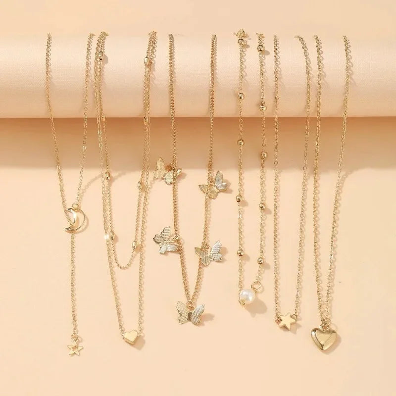 Elegant 6 Piece Necklace Set Butterfly Star Moon Trend Jewelry