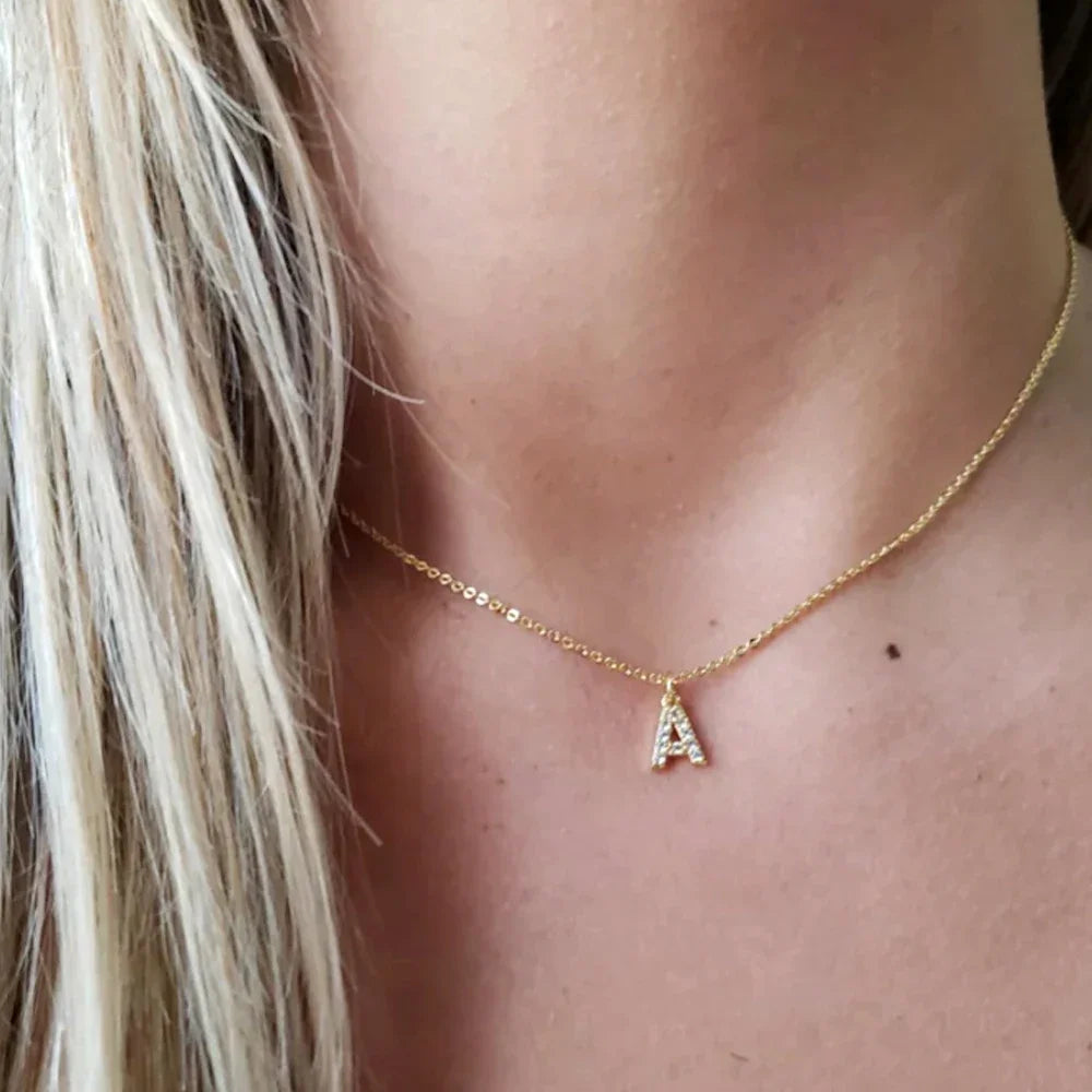 Gold Zircon Initial Necklace A-Z Stainless Steel Letter Pendant Women