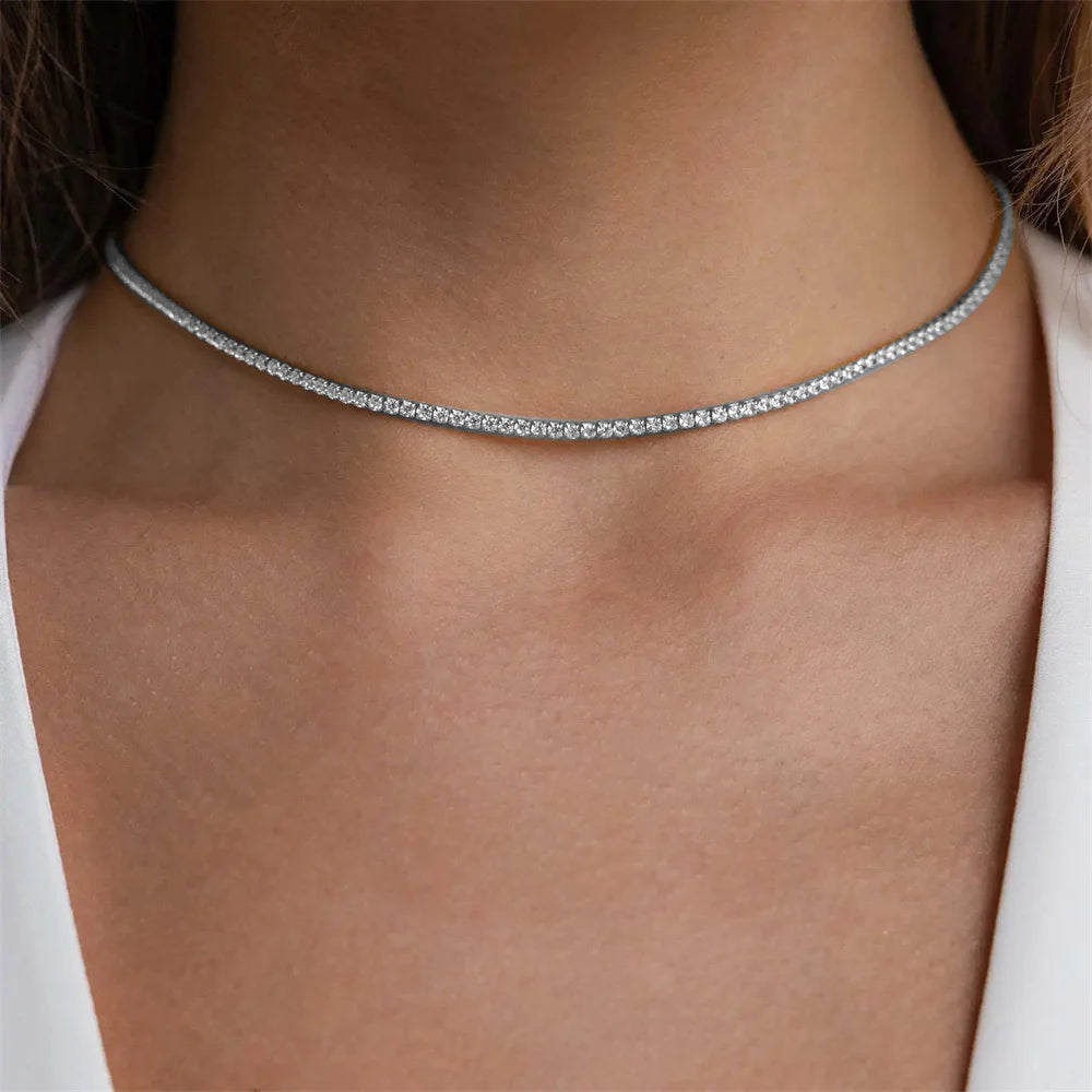 Elegant Tennis Choker Necklace Zircon Gold Silver Women Chain