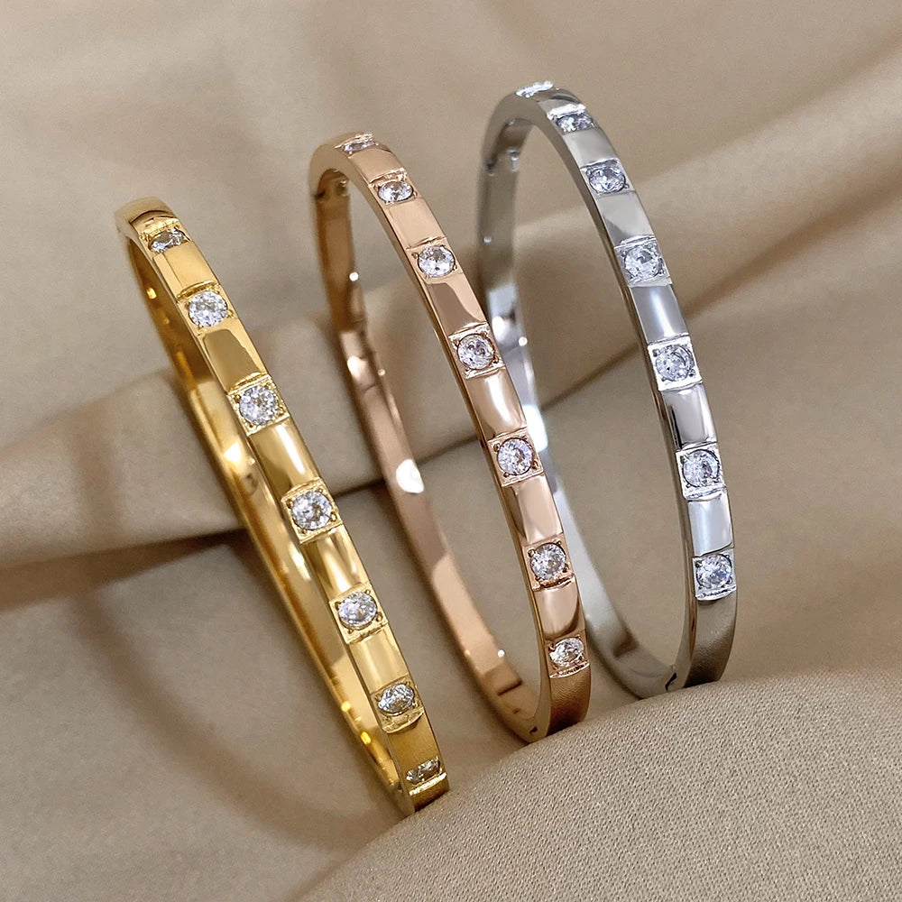 Gold Plated Rhinestone Square Bangle Stainless Steel Waterproof