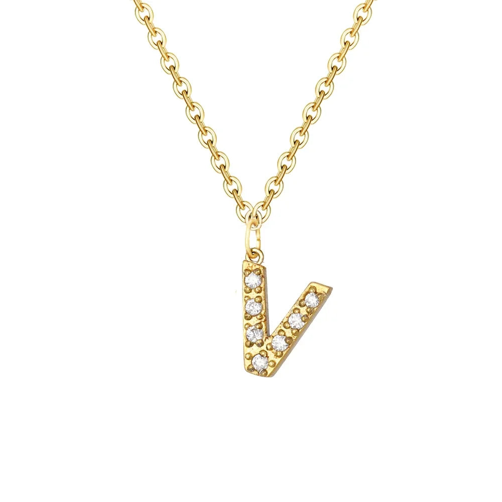 Gold Zircon Initial Necklace A-Z Stainless Steel Letter Pendant Women