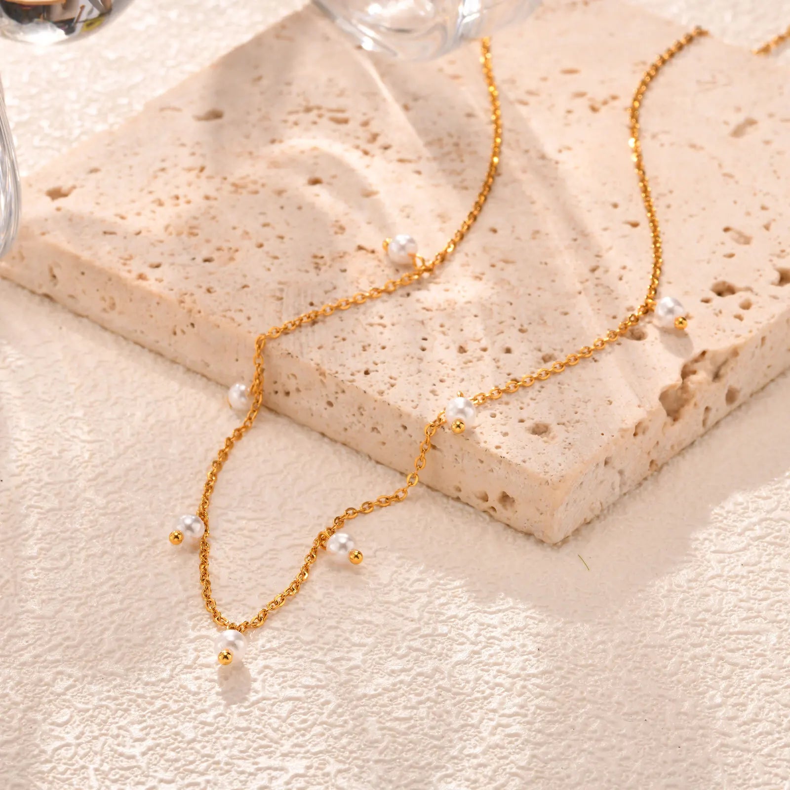 Pearl Choker Necklace 18K Gold Plated Stainless Steel Adjustable