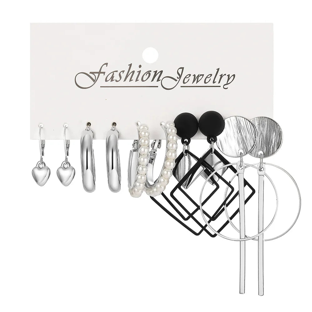 Stylish Boho Earring Set Big Hoops Pearl Square Heart Zircon Design
