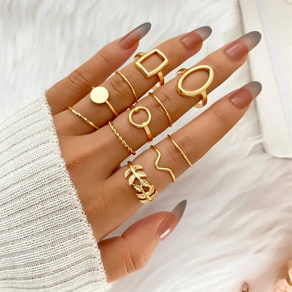 Creative Geometric Leaf Wave Ring Set 11pcs Fashion Knuckle Jewelry