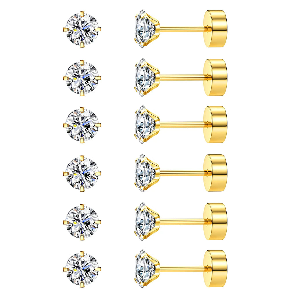 6 Pairs Flat Back Stud Earrings Set CZ Hypoallergenic for Women
