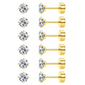 6 Pairs Flat Back Stud Earrings Set CZ Hypoallergenic for Women
