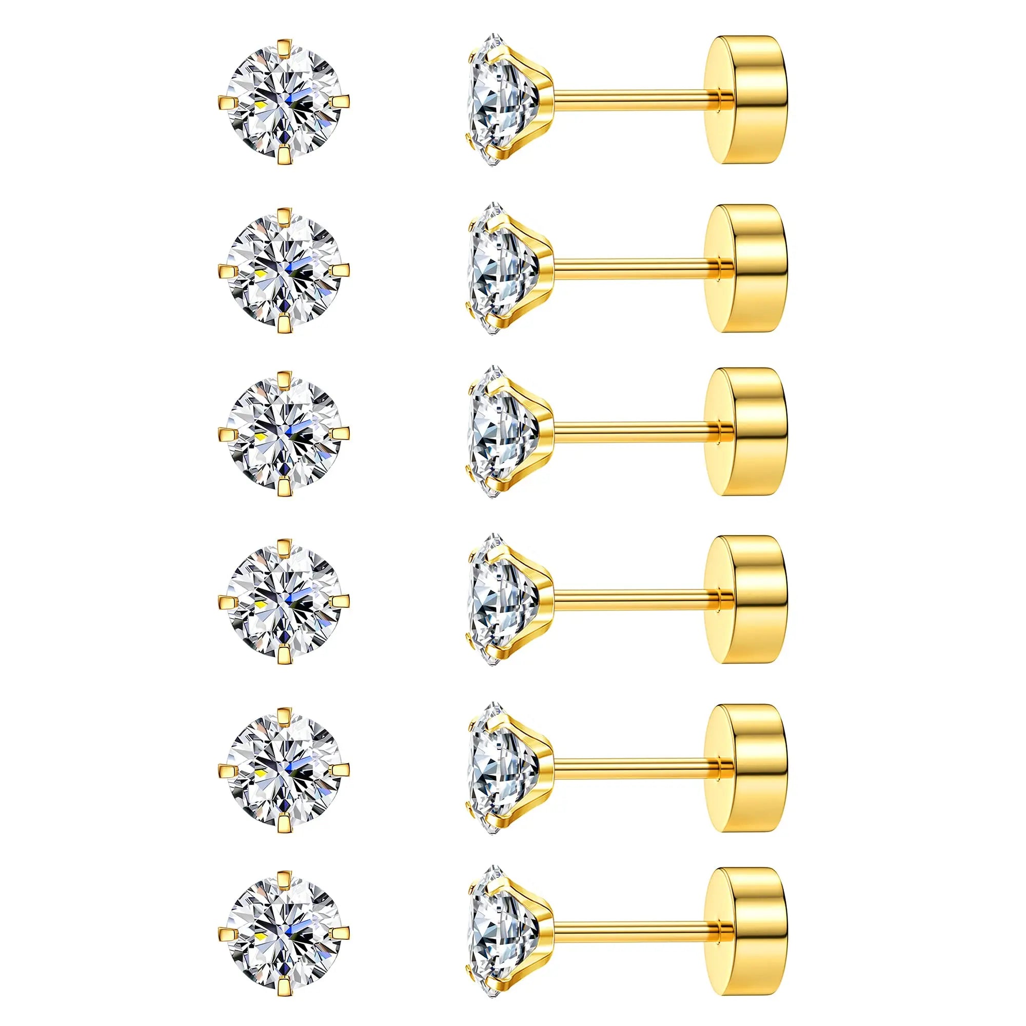 6 Pairs Flat Back Stud Earrings Set CZ Hypoallergenic for Women