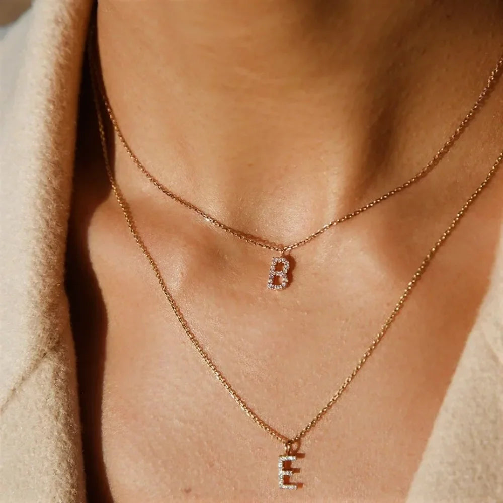 Gold Zircon Initial Necklace A-Z Stainless Steel Letter Pendant Women