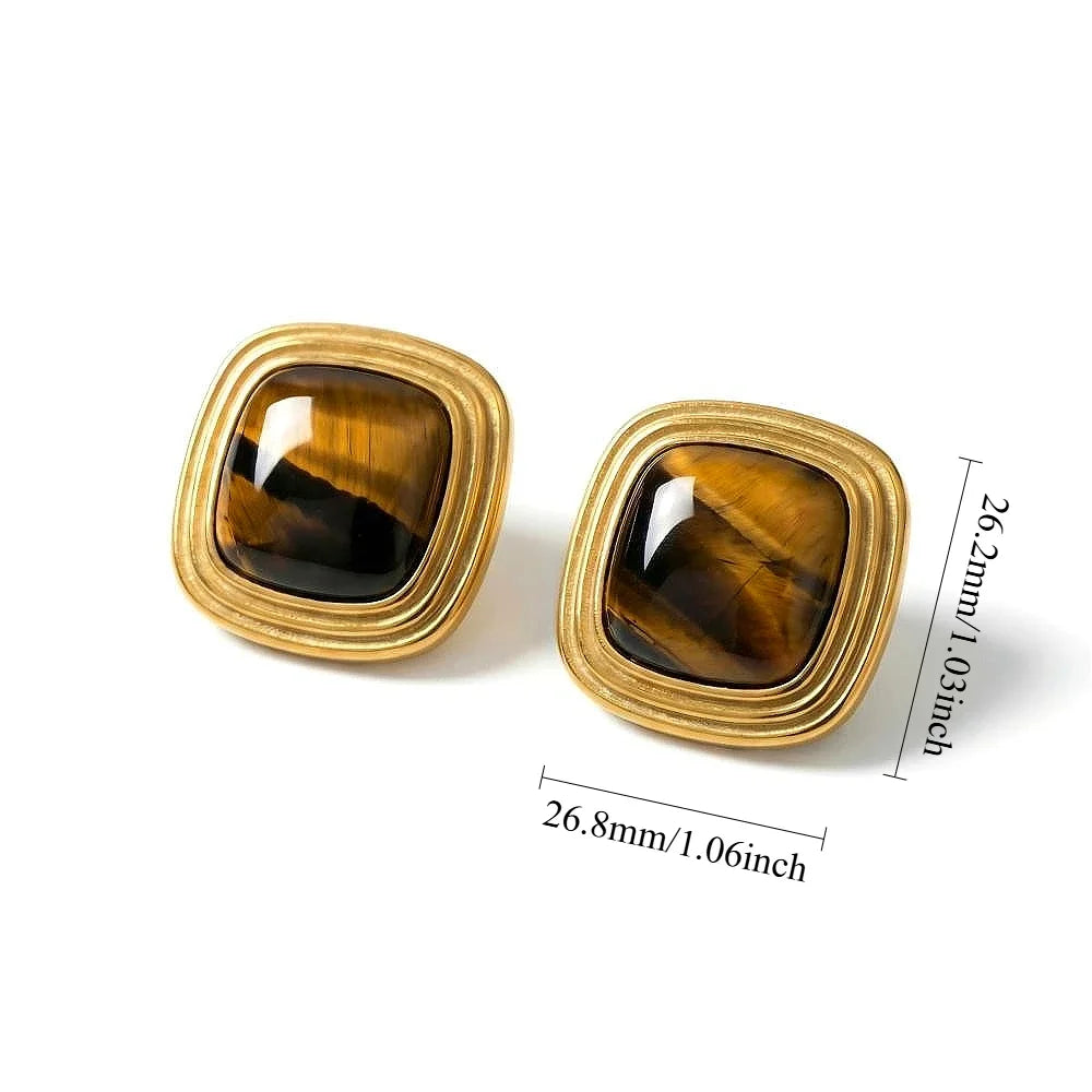 Black Stone Stud Earrings Chunky 18K Gold Women Jewelry