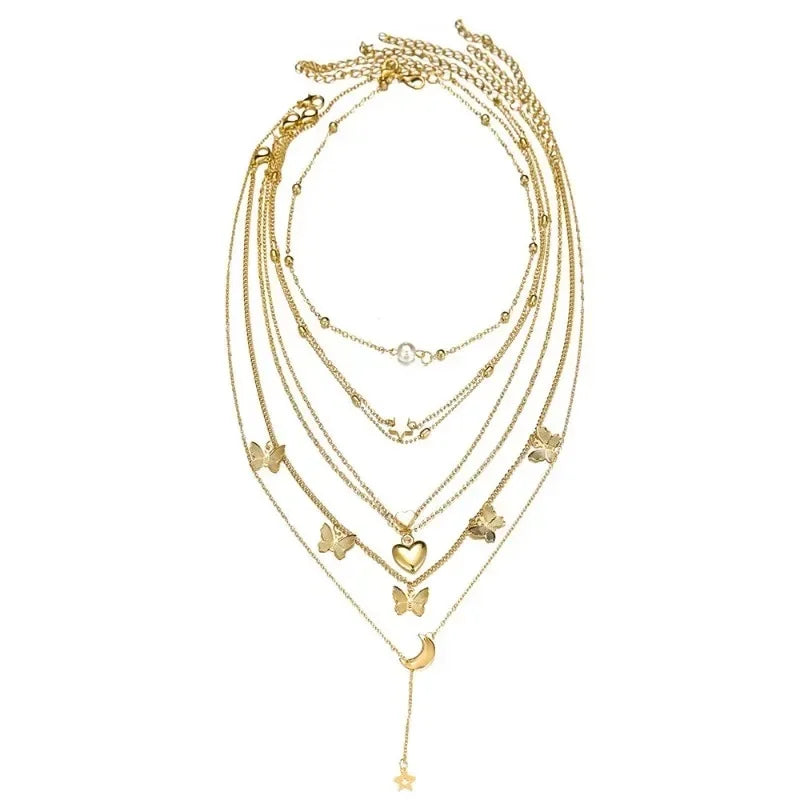 Elegant 6 Piece Necklace Set Butterfly Star Moon Trend Jewelry