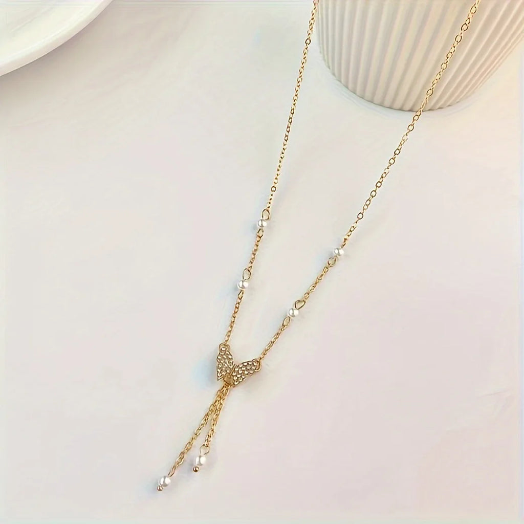 Delicate Butterfly Pendant Necklace with Tassel Elegant Design