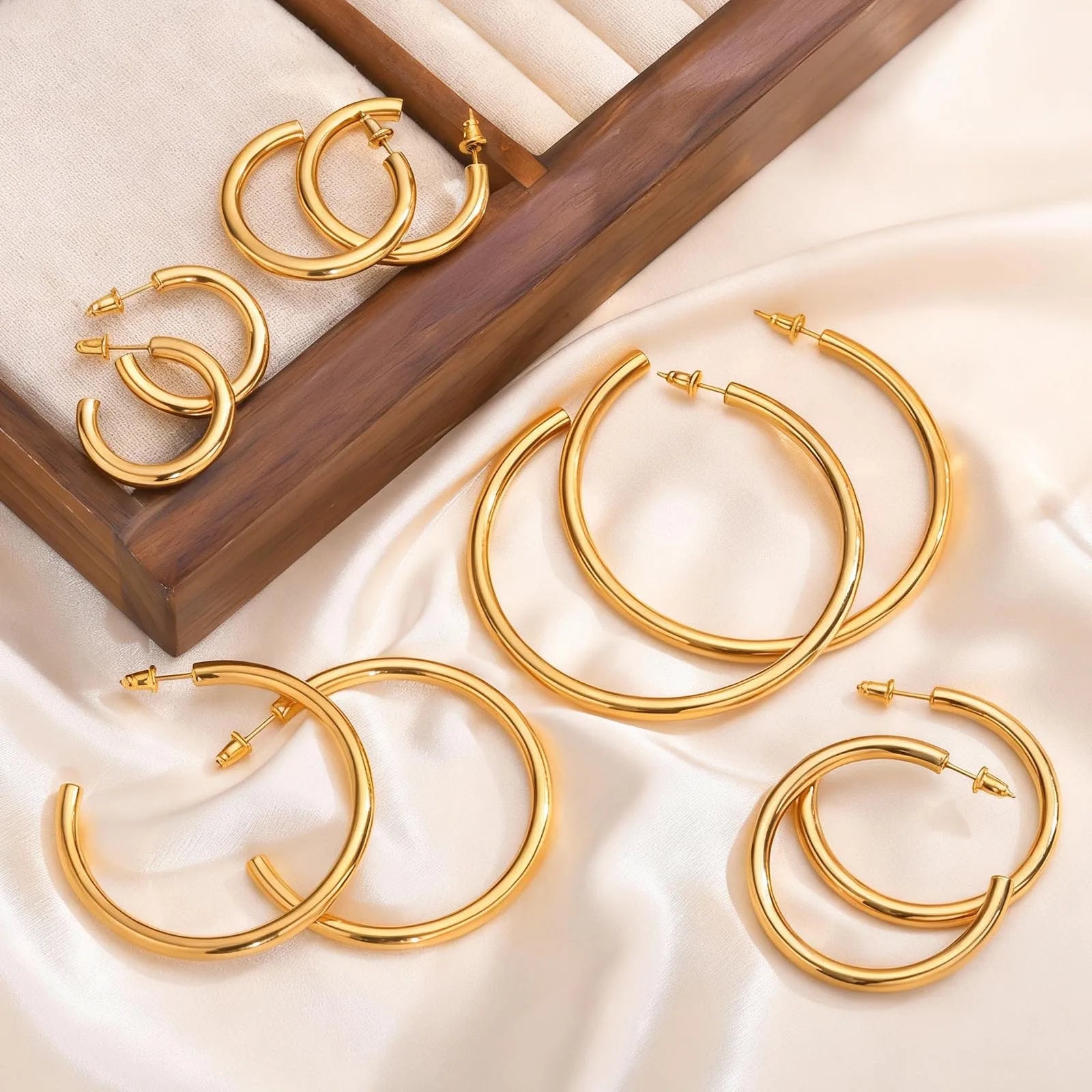 Chunky Gold Hoop Earrings Waterproof Stainless Steel 25-63mm Women