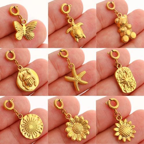 18K Gold Plated Charm Pendants Set Fish Bear Sun Butterfly DIY Jewelry