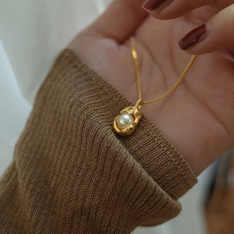 Luxury Pearl Pendant Necklace Stainless Steel Cuban Chain Women