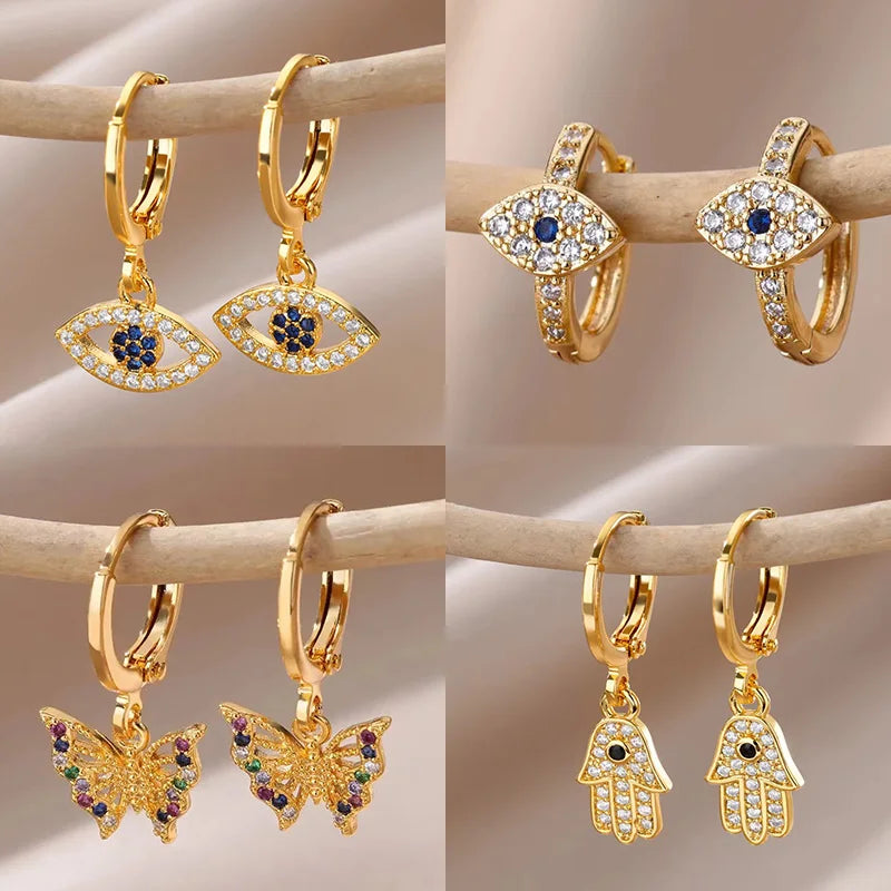 Gold Color Evil Eye Zircon Earrings Stainless Steel Vintage Style