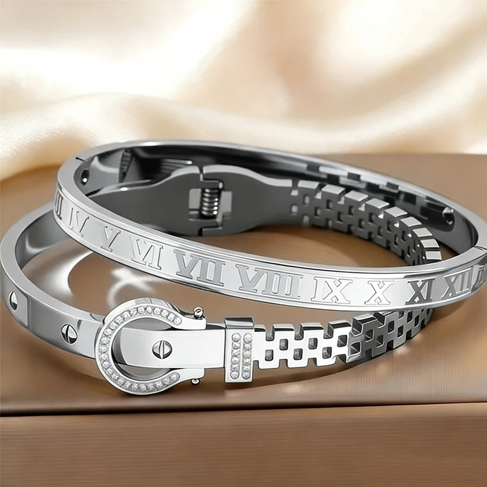 2pcs Roman Numeral Bracelet Set Stainless Steel Bangle Unisex Gift