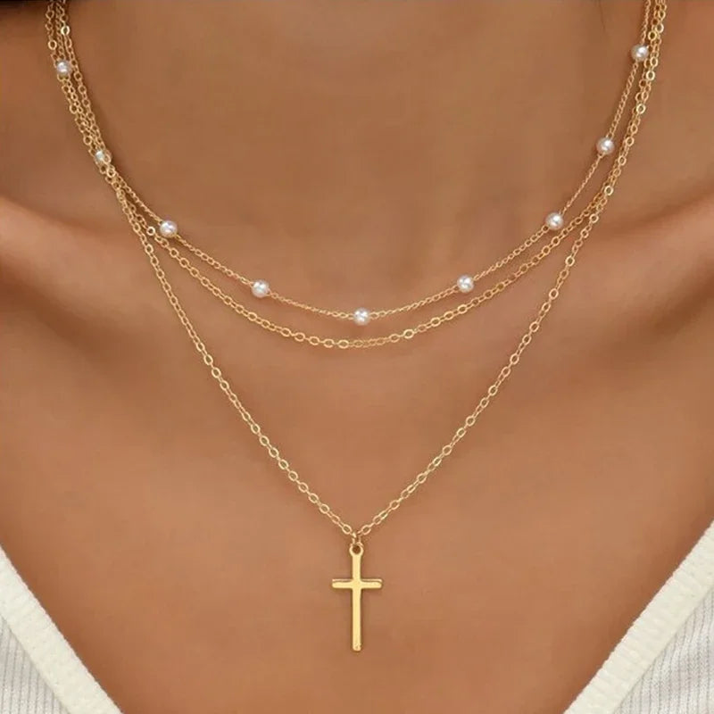 Elegant Layered Necklace Pearl Cross Heart Gold Chain Women