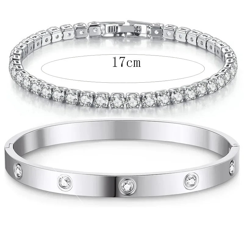 Gold Stainless Steel Tennis Bracelet Matching Bangles Luxury Couple