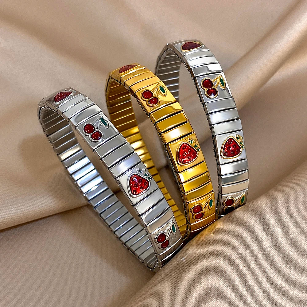 Gold Stainless Steel Strawberry Cherry Elastic Bangle Bracelet Trendy