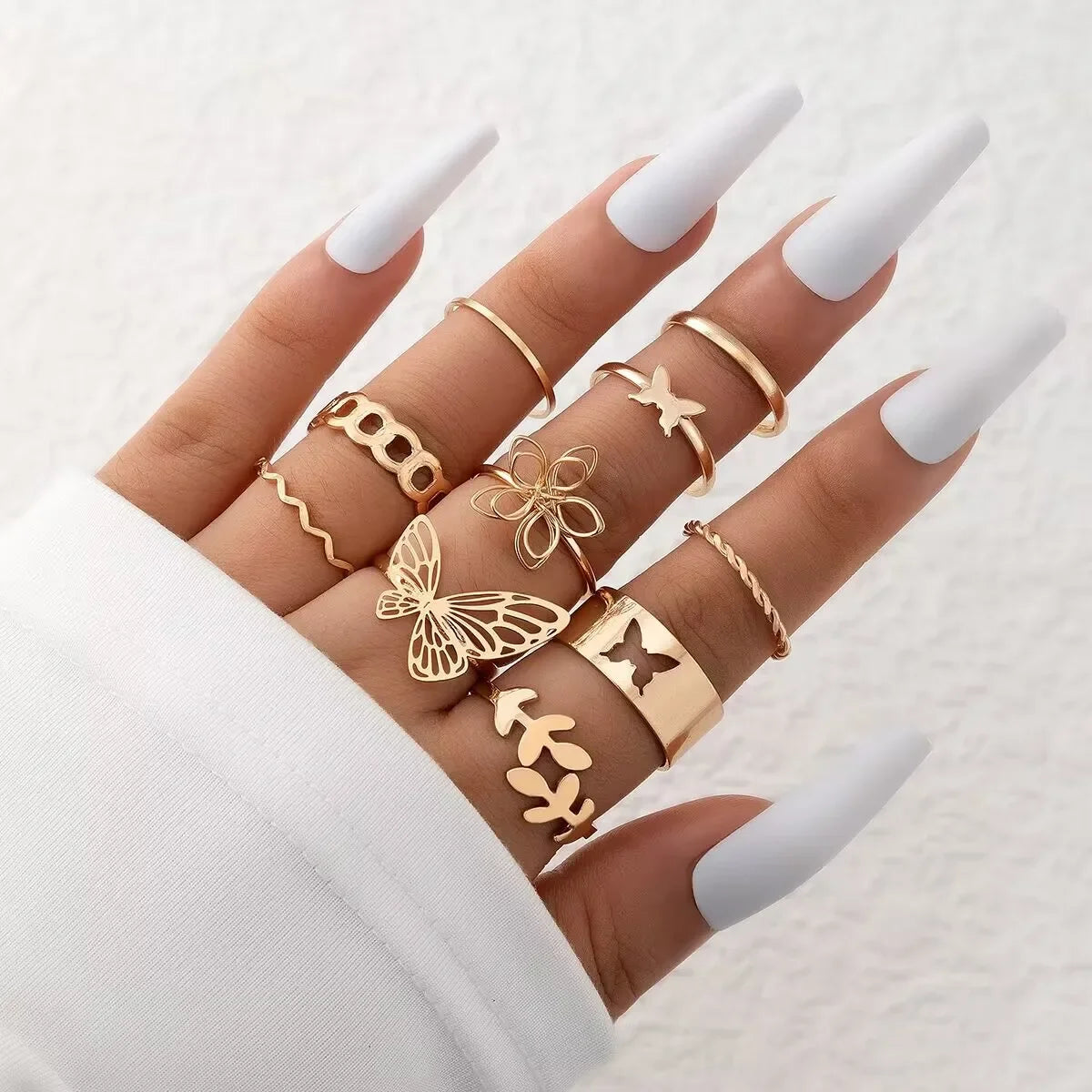 Creative Geometric Leaf Wave Ring Set 11pcs Fashion Knuckle Jewelry