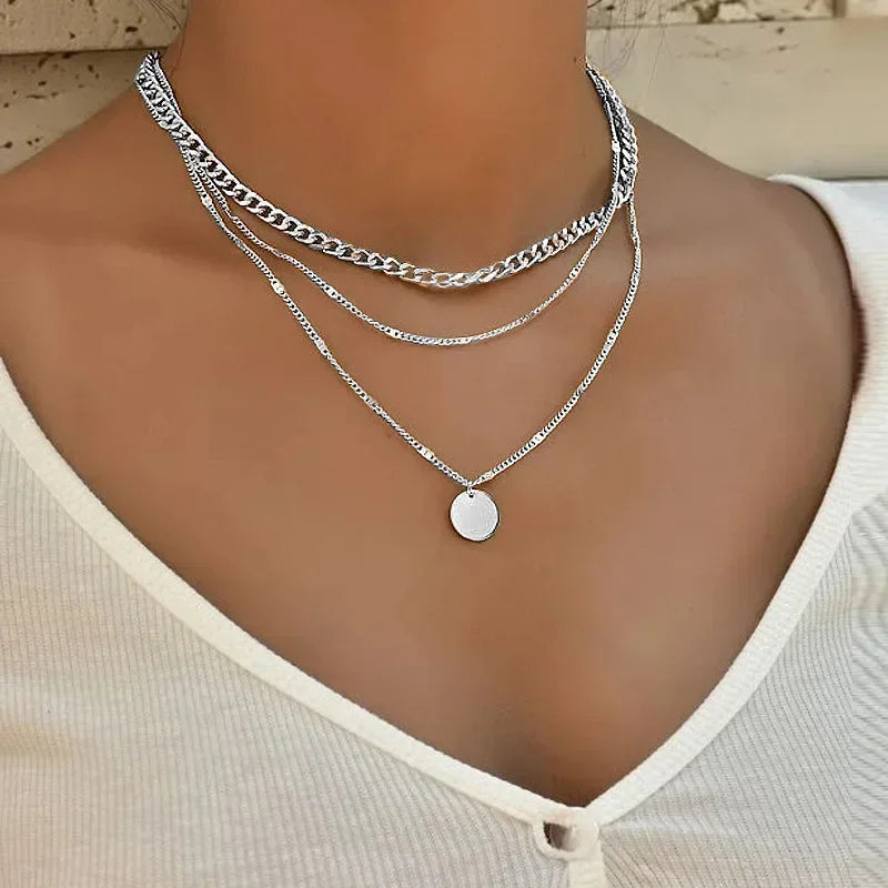 925 Sterling Silver Three Layer Necklace Simple Strip Pendant Women
